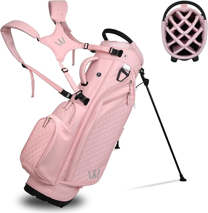 Luxury Womens Golf Bag, PU Leather Golf Stand Bag for Women/Ladies, 14-Way Full-Length Top Dividers, Ultra Lightweight, Large Pockets for Accessories