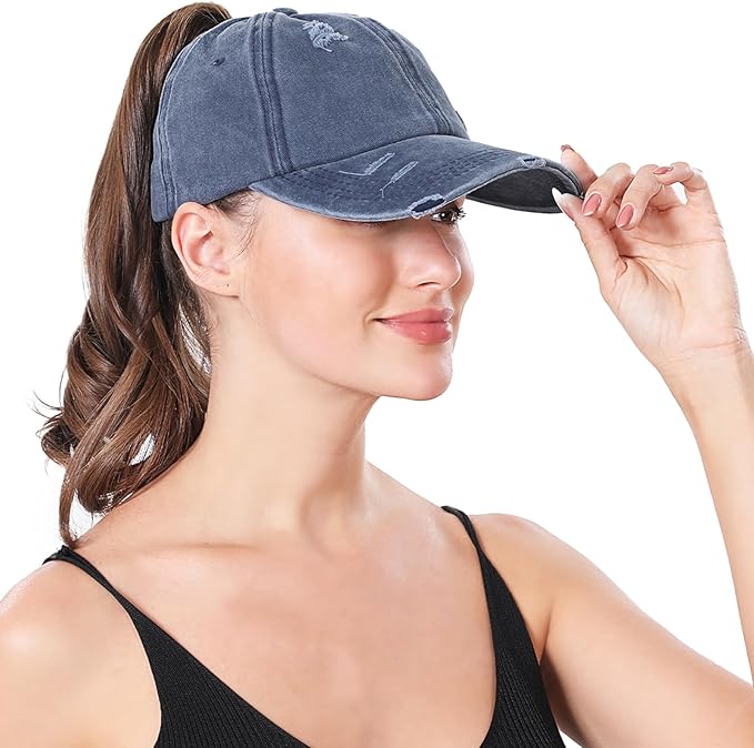 Criss Cross Ponytail Hat Women Washed Distressed Baseball Caps Adjustable High Messy Bun Ponycap
