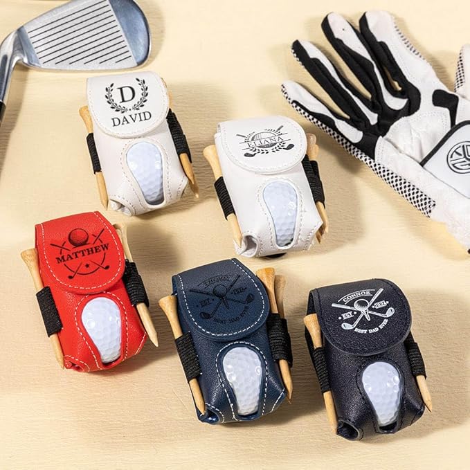 CALLIE Personalized Golf Ball & Tee Holder - Custom Name on Leather Golf Pouch with Belt Clip, Gifts for Golfers