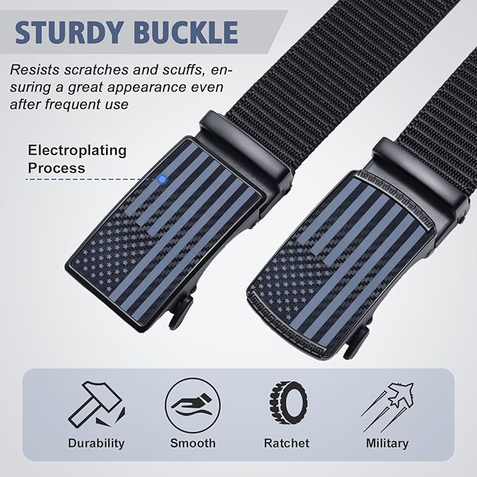 SANSTHS Nylon Ratchet Belts for Men 2 Pack, American Flag Slide Golf Belts 1 1/3", Tactical Work Web Belt 4th of July