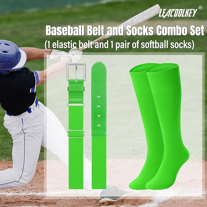 LEACOOLKEY Baseball Belt and Socks Combo Set Adjustable Softball Socks and Elastic Belt for Youth and Adult