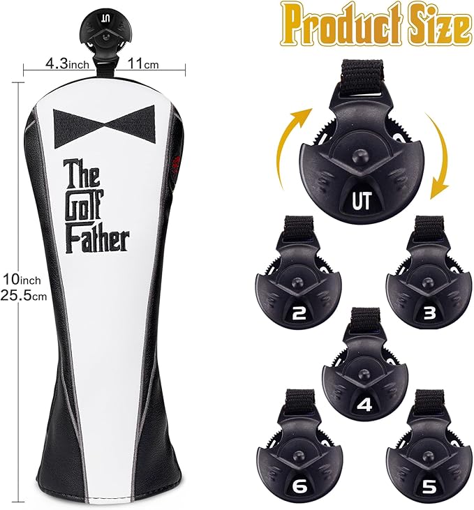 The Golf Father Funny Golf Club Covers, Driver Fairway Wood Hybrid Headcover, Mallet Putter Covers Blade Headcovers Putter Cover Magnetic, Black and White Color Iron Covers for Most Brands