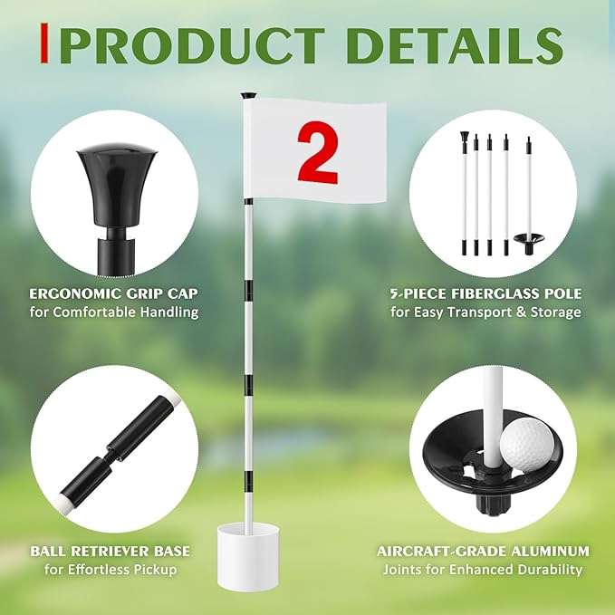 Golf Flag Stick 6ft, 3 Set Putting Green Flags with Hole Cup & Flagstick, Numbered Pin Flags for Backyard Yard Driving Range Chipping Green, Practice Accessories Gift for Men(White)
