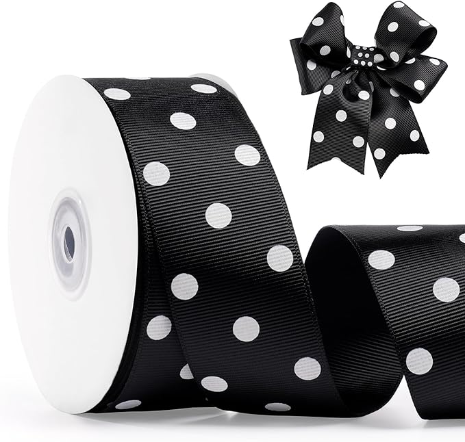 Polka Dot Grosgrain Ribbon 1.5 Inch, 25 Yards Spool Black and White Dot Craft by FAKILO