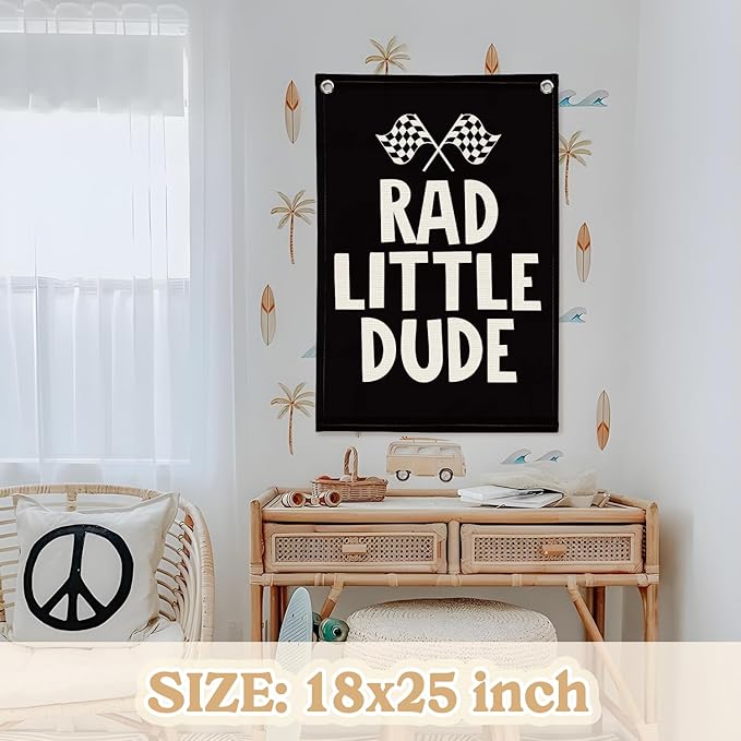 Race Car Room Decor, Rad Little Dude Linen Canvas Banner - Image 2