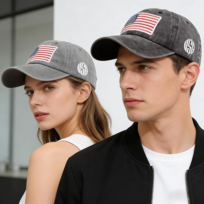 2 Pack American Flag Baseball Cap Unisex Hat, Classic Hat for Men Women Light Gray, Dark Gray