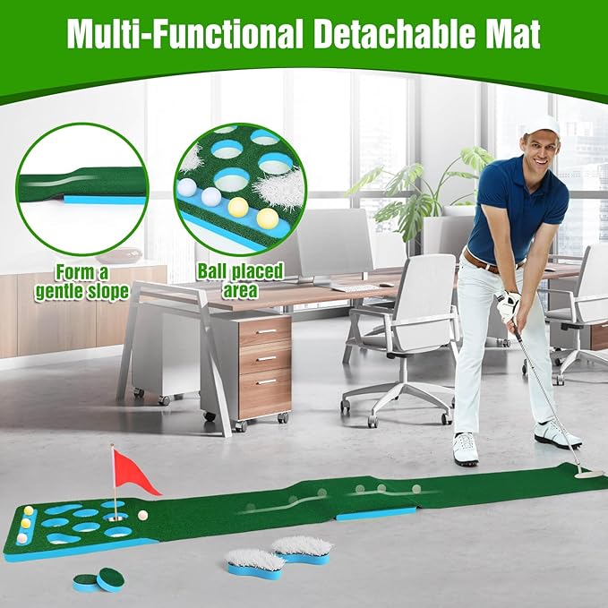 Golf Putting Game Set, Detachable Golf Putting Green Mat with 4 Balls, 2 Cups & Flags, 1 Portable Bag for Indoor & Outdoor Party Game Use