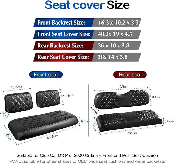 NOKINS 4PCS Golf Cart Diamond Seat Covers Kit,Front and Rear Seat Covers for Club Car Precedent/EZGO TXT/Yamaha Original Regular Seat Cushion (Black&Black Stitching, Fit Club Car DS Pre-2000)