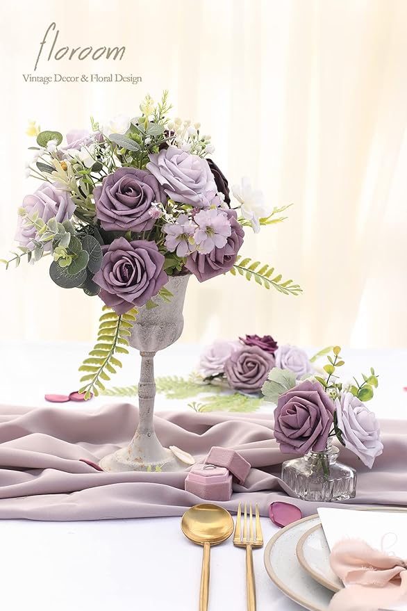 Floroom Artificial Flowers 25pcs Real Looking Plum Ombre Colors Foam Fake Roses - Image 2