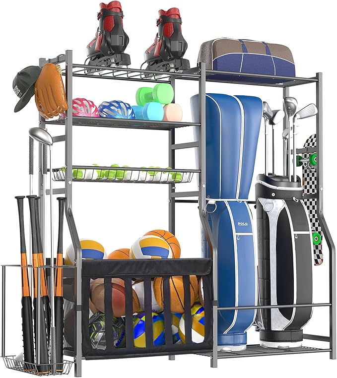 Heavy Duty Garage Sports Equipment Organizer, All-in-One Golf Bag Storage Rack & Multi-Sport Ball Holder for Basketballs, Bats & Kids Toys, Indoor/Outdoor Free Standing Gear Bin
