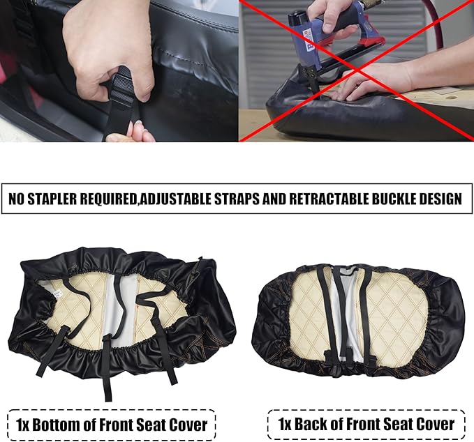 NOKINS Golf Cart Diamond Seat Covers Kit, Fit for Yamaha Drive/Drive 2 OEM Standard Front Seat Cushion, Golf Cart Vinyl Seat Cover, No Nails Required (Black and Brown Stitching)