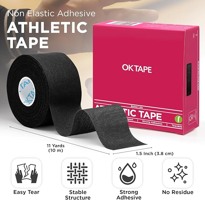 OK TAPE Athletic Sports Tape（4 Packs) Black- 32.8ft Per Roll Athletic Tape for Injuries,Strong Stick No Residue Athlete & Sport Trainers First Aid Injury Wrap, Hockey Stick