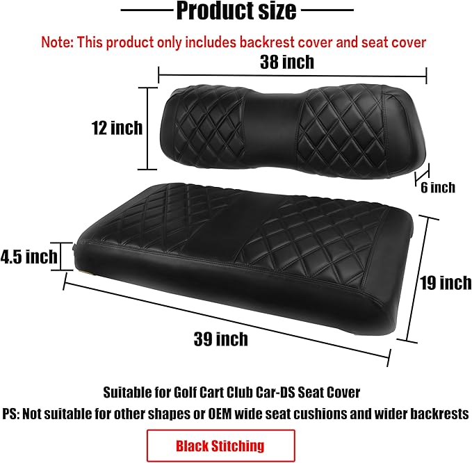 NOKINS Golf Cart Seat Cover, Black Diamond Pattern, Vinyl, Compatible with Club Car DS, Front Seat Cover, 2 Count