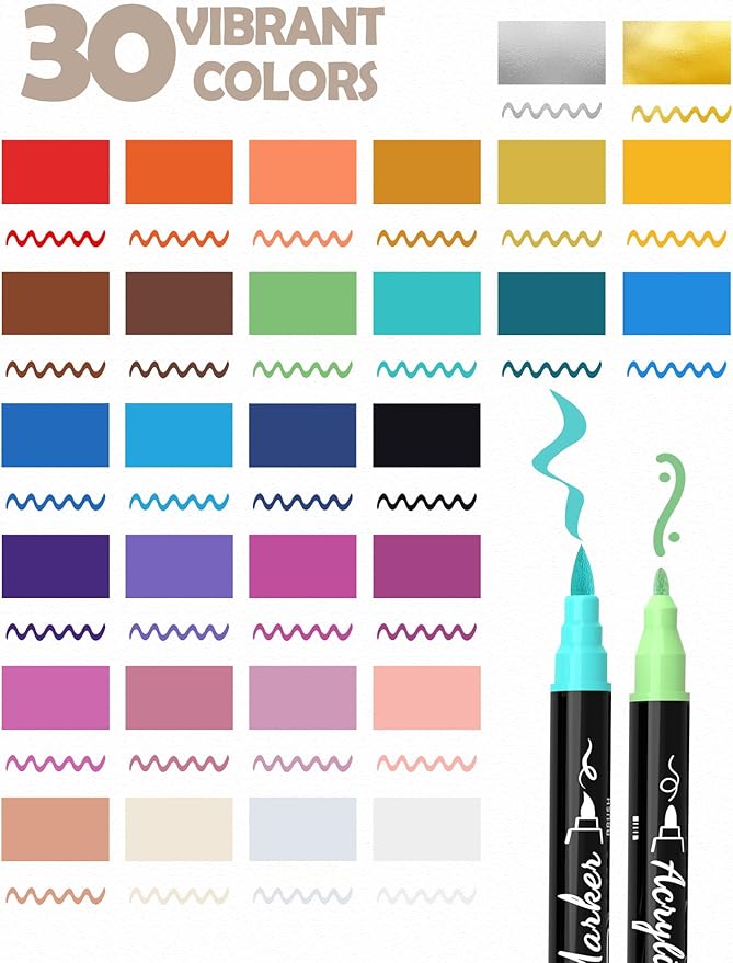 30 Colors Acrylic Paint Pens Markers Waterproof Dual Tip Acrylic Marker Set - Image 2