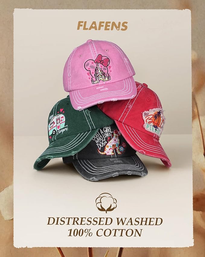Flafens Women Pony Hats High Ponytail Baseball Caps - Cotton Vintage Washed Distressed Adjustable Criss Cross Trucker Hat