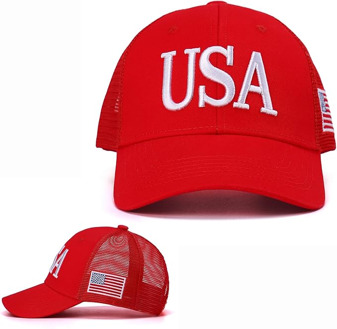 USA Trucker Hat for Men & Women American Flag Cap Adjustable Baseball Cap Mesh Snap Patriotic 3D Embroidered Cap