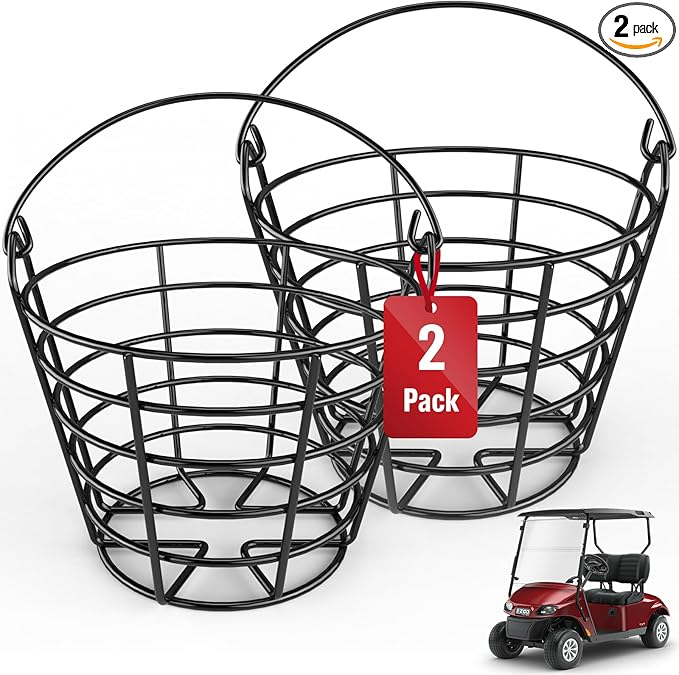 Mental Golf Ball Basket with Handle, 2 Pack Golf Ball Buckets, Stainless Bucket of Golf Balls, Holds 50 Balls of Golf Ball Holder, Portable Metal Baskets for Storage for Golf Cart Accessories