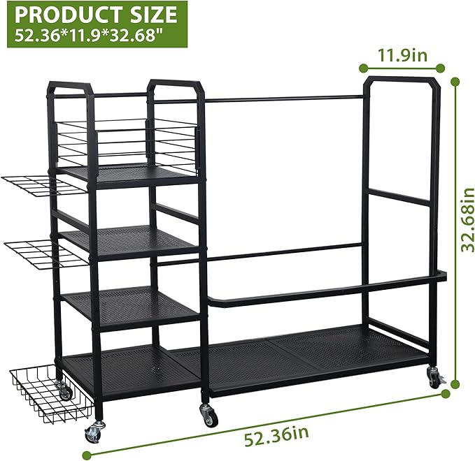 Golf Bag Storage Rack with Wheels, Golf Bag Organizer Fits 2 Bags and Store golf clubs, balls, shoes, and golf equipment accessories, Sturdy Golf Storage Rack for Home Garage Club Basement, Black