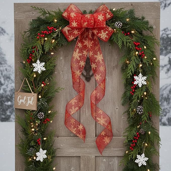 CT CRAFT LLC Organza with Red Glitter Snowflakes Wired Ribbon 2.5 inch x 50 - Image 3
