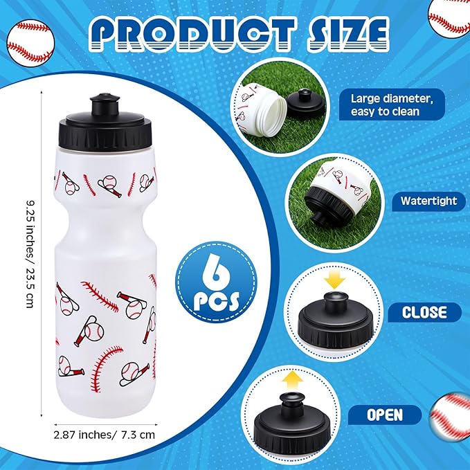 Reallnaive 12 Pcs Baseball Party Favors Gifts, 24 oz Baseball Water Bottles Reusable Sport Squeeze Drinking Cup, Eat Sleep Drawstring Bag Sport Pack Cinch Sack for School Team Gift Event Accessories