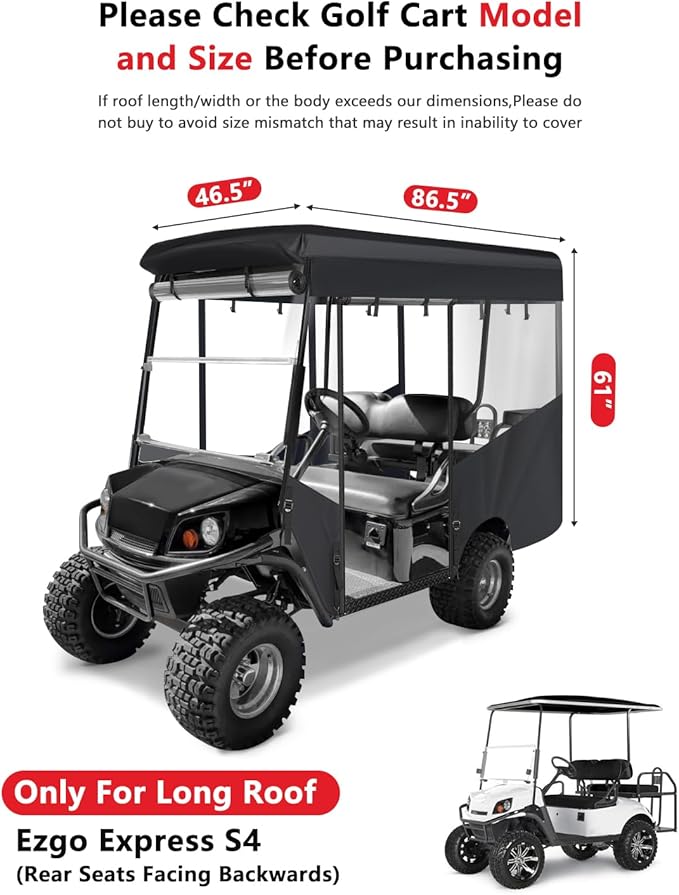 4 Passenger Golf Cart Enclosure for EZGO Express S4 2+2 Seater Long Roof, Waterproof 600D Oxford Driving Rain Cover with Full Roll-Up Clear Windows & Doors