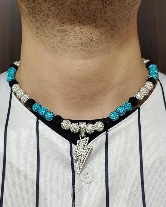 Baseball Necklace for Men 16/18/20 Inch Bling Ice Collection Lightning Bolt Pendant Necklace for Women Rhinestone Clay Beaded Discoball Accessories Gifts for Baseball Team Players Lovers