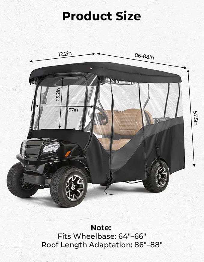 KEMIMOTO Golf Cart Enclosure, 4 Passenger Golf Cart Rain Cover, 600D Waterproof Driving Enclosure with Clear PVC Windshield for Extended Roof Golf Cart