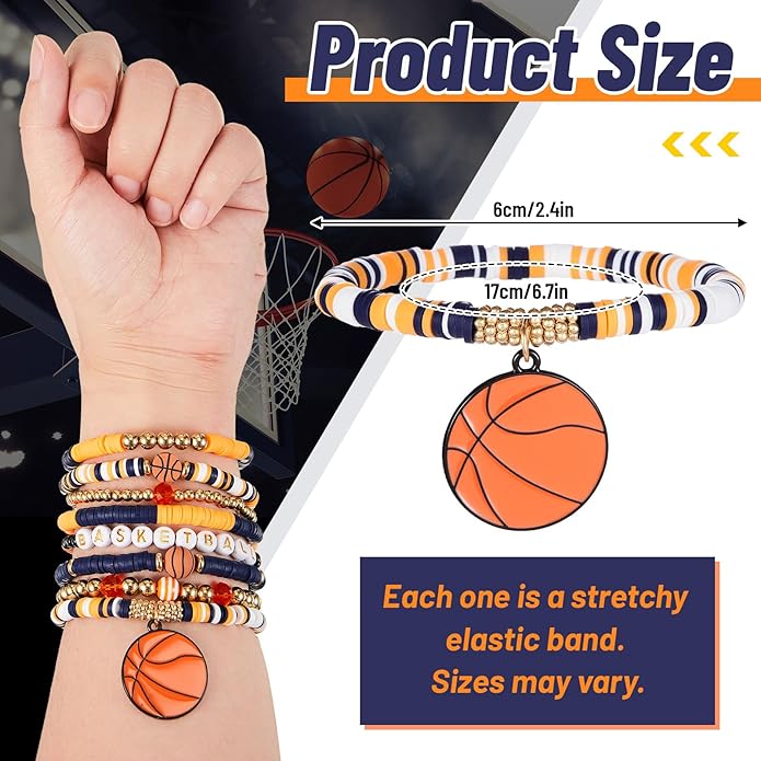 Huquary 8 Pack Sports Bracelets for Women Mom Soccer Baseball Football Volleyball Basketball Stackable Heishi Clay Beaded Bracelet Accessories Fan Outfits Jewelry Gifts for Sports Party Favor