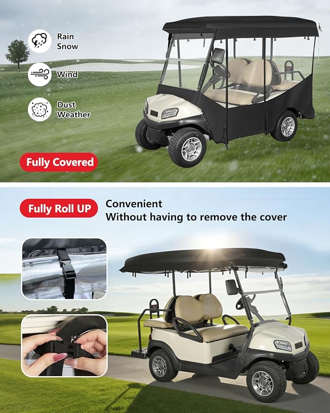 4 Passenger Golf Cart Enclosure for Club Car Tempo Onward 88" Extended Roof, 600D Waterproof Rain Driving Cover with Full Roll Up Clear Windows & Door for 4 Seater Club Car Enclosures