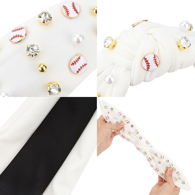Baseball Headbands for Women Crystal Baseball Embellished Wide Top Knot Headband for Women Game Day Hair Accessories (White)