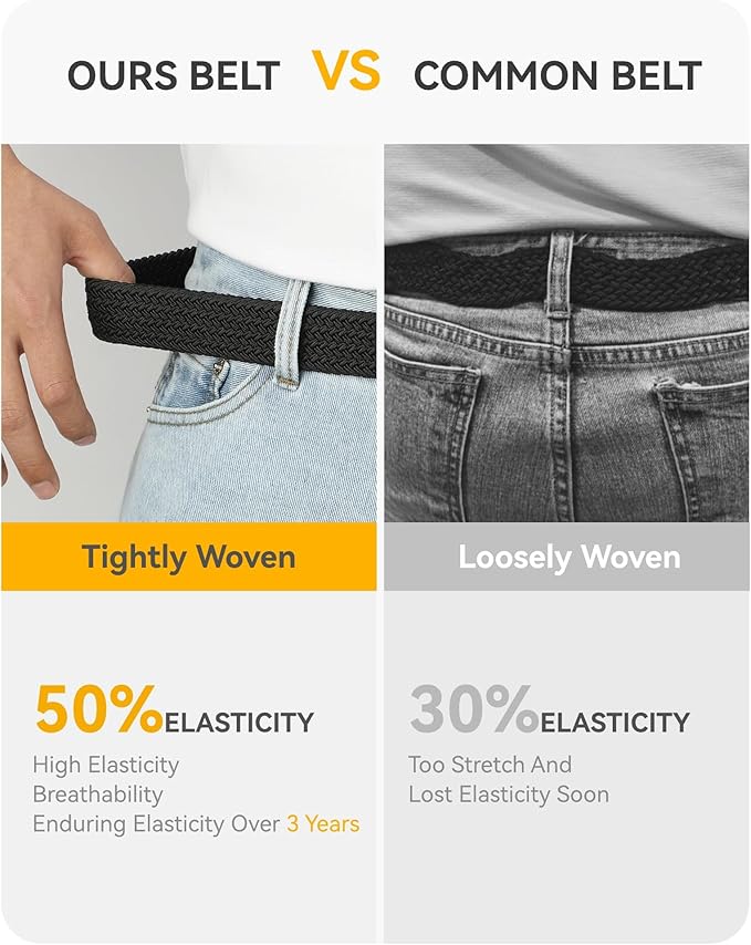 CHAOREN Stretch Belt Men 2 Pack - 1 3/8" Braided Golf Belts For Men - Casual Elastic For Pants and Jeans
