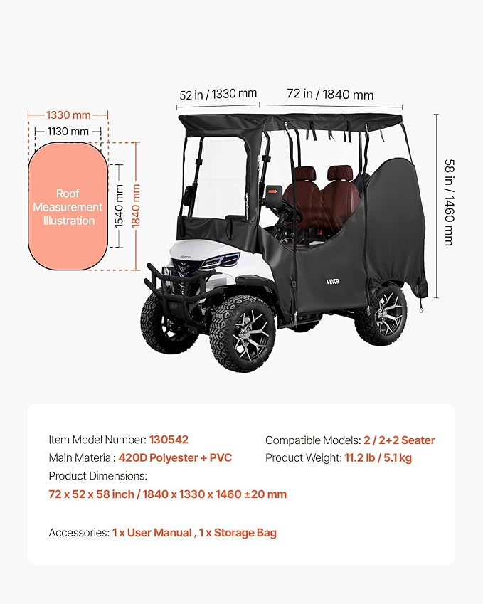 VEVOR Golf Cart Cover, Visible Full-Enclosure 2&2+2 Passenger Golf Cart, 420D Waterproof Oxford Fabric Club Car Cover Fits Most Carts Club Car, Yamaha, EZGO, Honda, PVC Coating & Windproof Hook Design