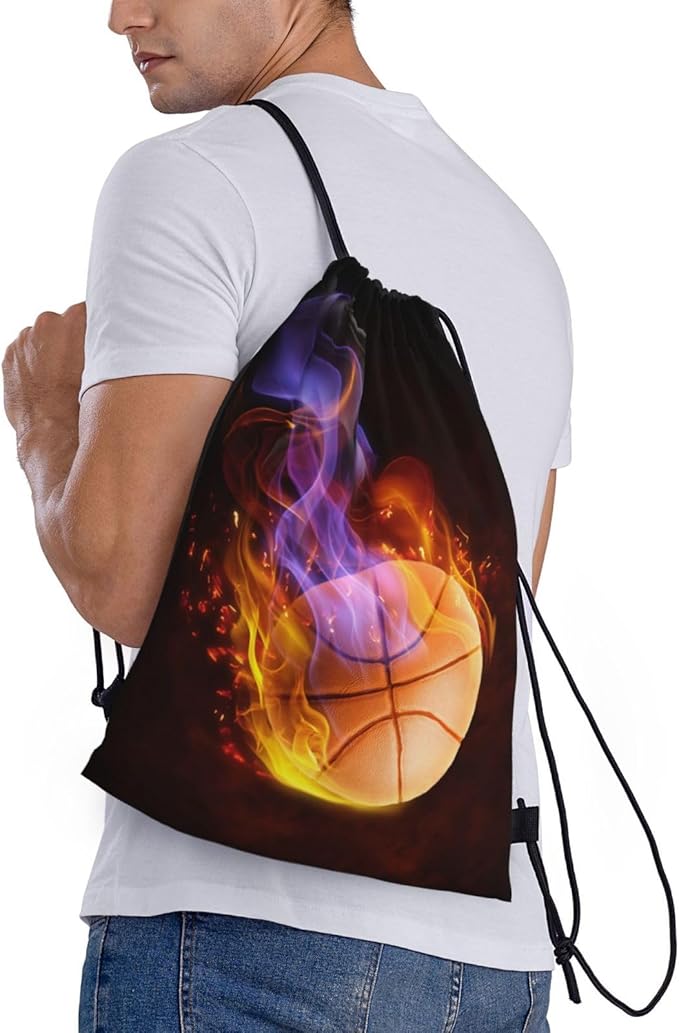 Kids Drawstring Bag with Fire Basketball for Boys, Sports Drawstring Backpack for Teens Boys Girls Adults Women Men, Black Daypack Bag for Work Gym Swim Travel Hiking School, Medium