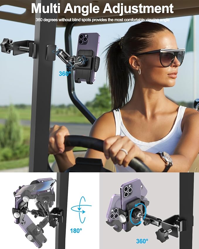 woleyi Golf Cart Phone Holder Clip- [Wider Clamp & Metal Arm] 360° Adjustable Phone Mount for EZGO/Club Car/Yamaha, Compatible with iPhone Air 17 Pro Max 16 15 14 13 12 Plus, S25, 4.7 to 7" Smartphone