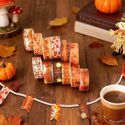 12 Rolls Autumn Washi Tape Set, Fall Maple Leaves Pumpkin Sunflower - Image 3