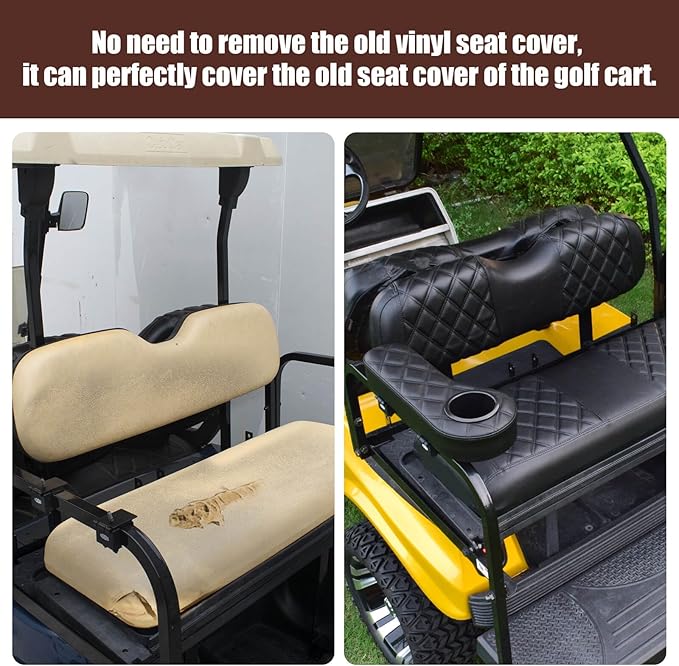 NOKINS Golf Cart RS Diamond Seat Cover for Standard Seat Cushion Aftermarket Back Seat Kit, No Staples Required,Golf Cart Vinyl Replacement Seat Cover Black Stitching