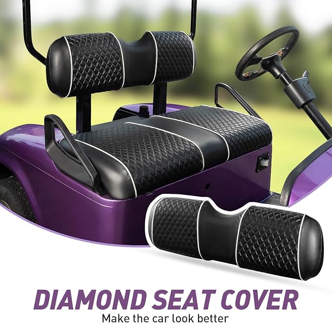 NOKINS Golf Cart Seat Covers Fit for EZGO TXT 1994-2013/EZGO RXV OEM Standard Front Seat Cushion, Backrest Vinyl Leather Litte Diamond Seat Covers, No Stapler Required (Black&White Piping)