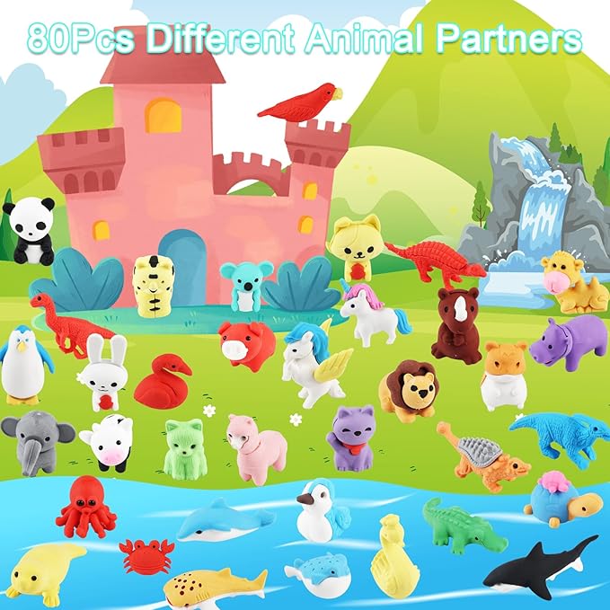 80Pcs Animal Erasers Kids Desk Pets Pencil Erasers 3D Puzzle Eraser Bulk Fun - Image 3
