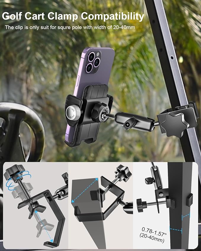 woleyi Golf Cart Phone Holder Clip- [Wider Clamp & Metal Arm] 360° Adjustable Phone Mount for EZGO/Club Car/Yamaha, Compatible with iPhone Air 17 Pro Max 16 15 14 13 12 Plus, S25, 4.7 to 7" Smartphone
