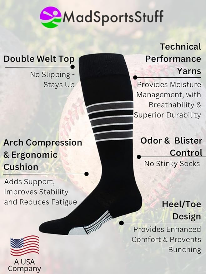 MadSportsStuff Softball Socks Baseball Socks | White & Team Colors | USA Made | Sizes for Girls, Youth Boys, Men & Women
