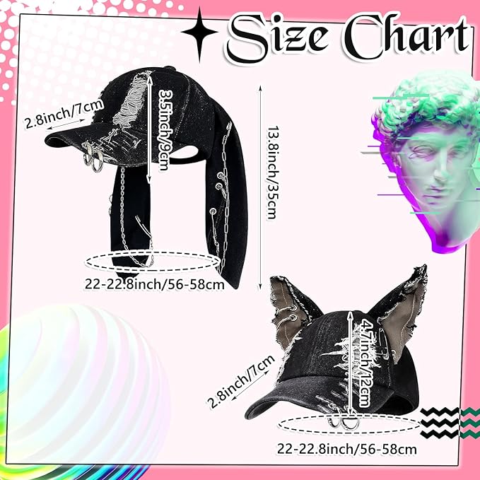 Shyyween Y2K Grunge Hat with Ears Bunny Ear Hat Cat Distressed Denim Baseball Cap Iron Ring Punk Outfit for Women Accessories