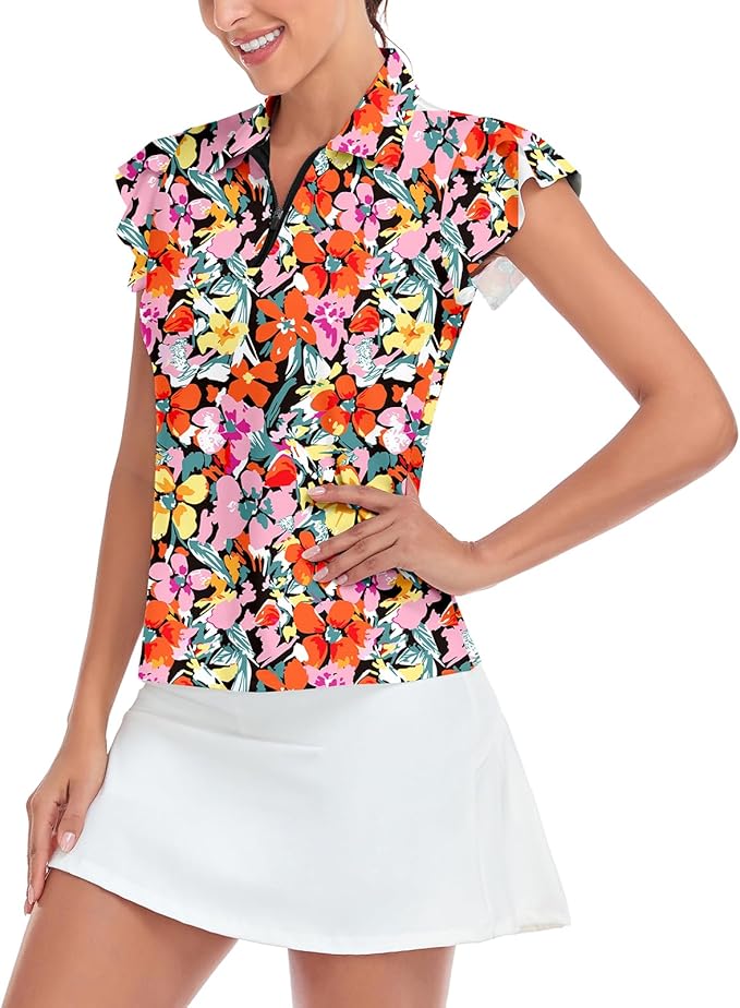 Soneven Womens Petal Sleeve Golf Shirts Moisture Wicking Lady Golf Apparel Print Tennis Sport T Shirt