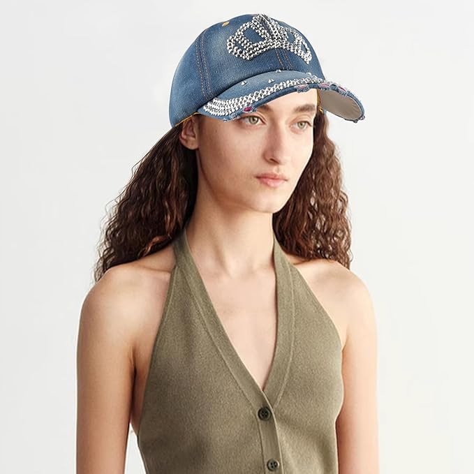 Hoce Fashion Rhinestone Denim Baseball Cap Studded Bling Hat for Women