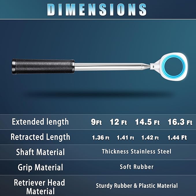 CHAMPKEY Pressure Golf Ball Retriever Performance Version - Thicken Stainless Steel Shaft with Rubber Grip Golf Retriever - Available in 9Ft / 12Ft / 14.5Ft / 16.3Ft