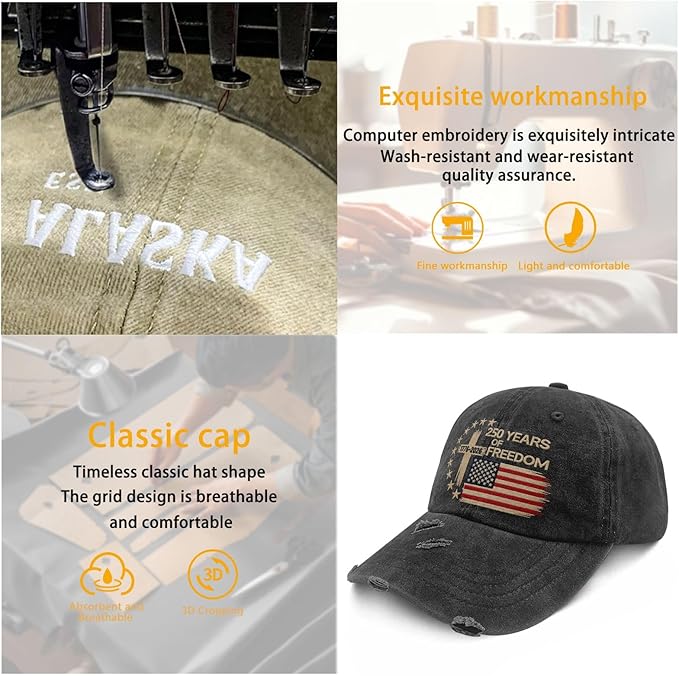 US 250 Years Freedoms 1776-2026 250th Birthday Embroidered Hats Garde Cap for Him