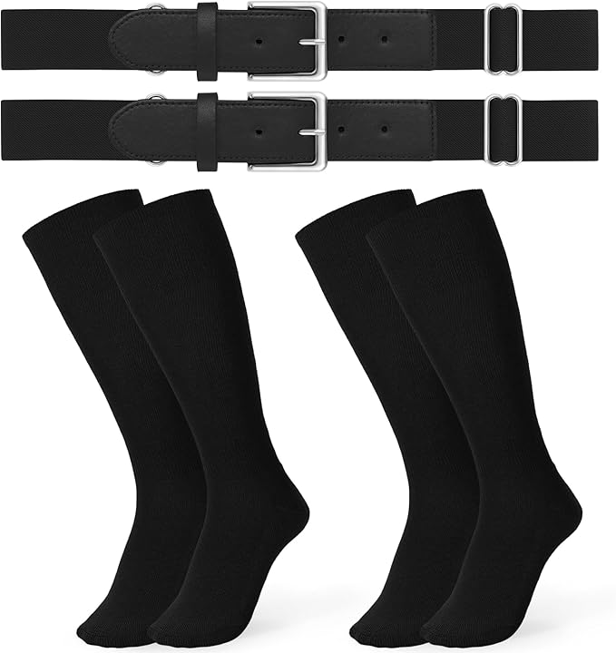 JASGOOD 2 Pack Baseball Socks and Belt Combo Set Softball Socks and Belts Elastic Waist Belt for Youth and Adult Boys