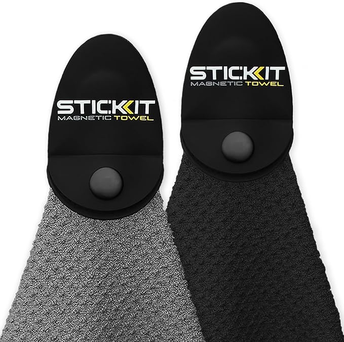 STICKIT Magnetic Golf Towel - Ultra-Absorbent with Waffle Weave Microfiber - Golf Towel with Magnet for Bags, Clubs & Carts - Removes Dirt, Grass, & Debris from Club Face - 29” x 29” (Gray/Black)