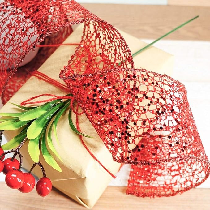 CT CRAFT LLC Sparkling Glitter Mesh Wired Ribbon 2.5" x 10 Yards Red - Image 6