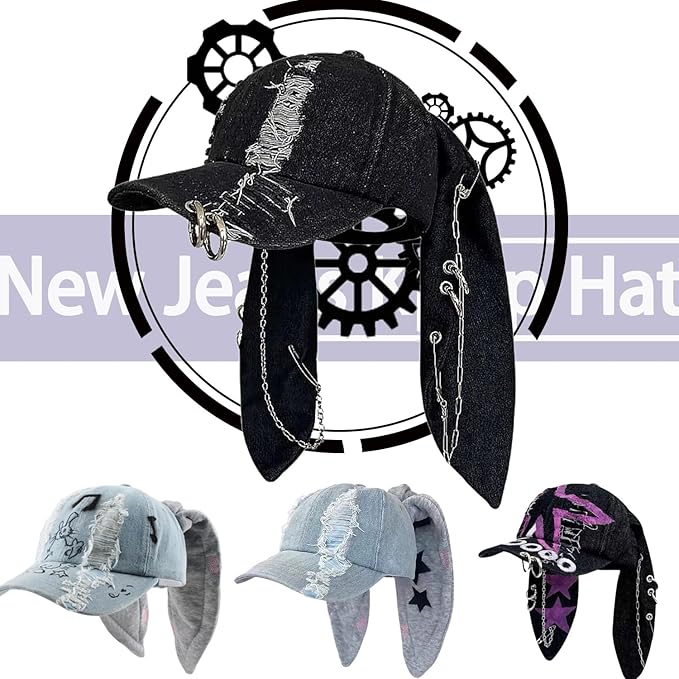 Y2k Hat Punk Hats Denim Bunny Hat Chains Distressed Baseball Cap Kpop Outfits Y2k Grunge Hats for Women