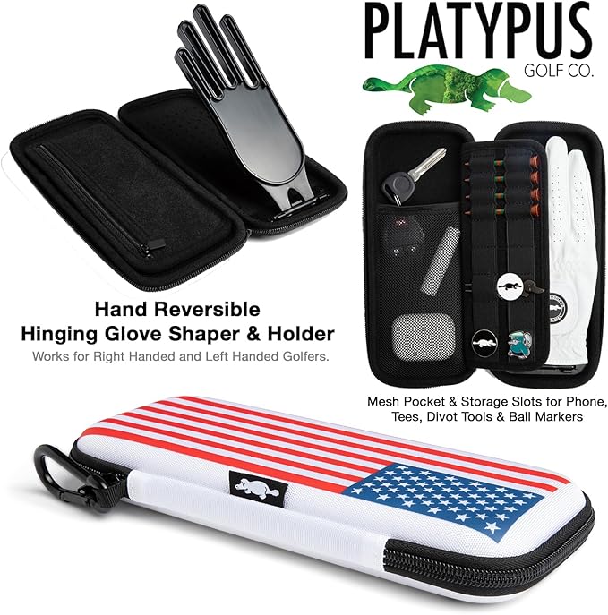 Platypus Golf Co. Golfing Caddie EVA Travel Case Organizer with Bamboo Tees & Ball Marker - Hand Reversible Hinging Glove Shaper & Holder, Mesh Pocket & Storage Slots, Golfers Cases for Men & Women